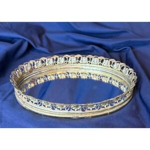 Vtg Oval Mirror Vanity Tray Gold Filigree Ornate Frame perfume Dresser Jewelry